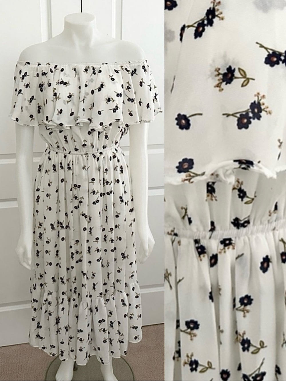 Floral Off The Shoulder White & Navy Midi Dress - Romantic, Euro Summer, Ruffles